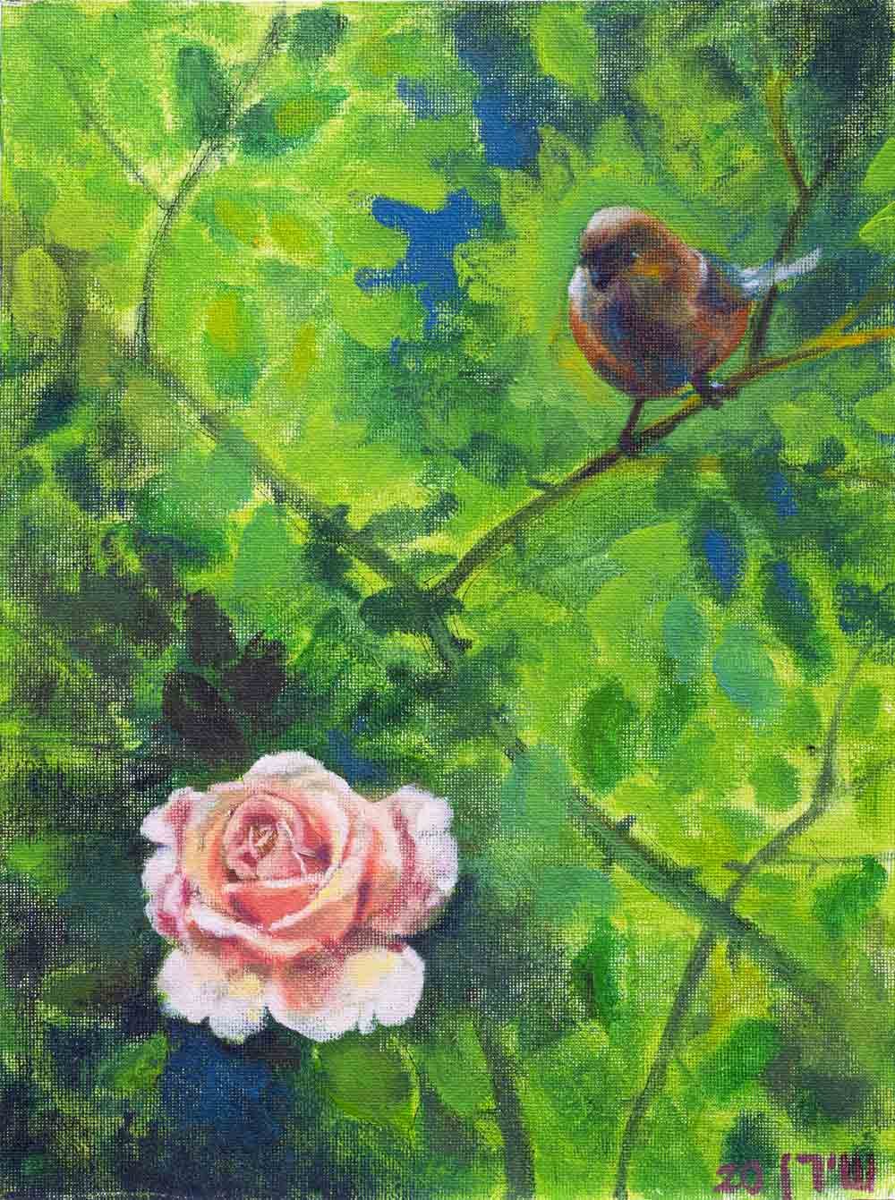 oil painting bird and rose