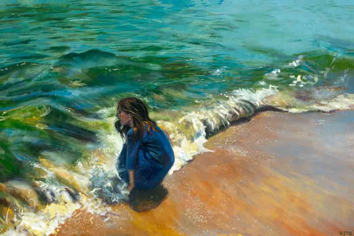 against the tide oil painting of girl by ocean