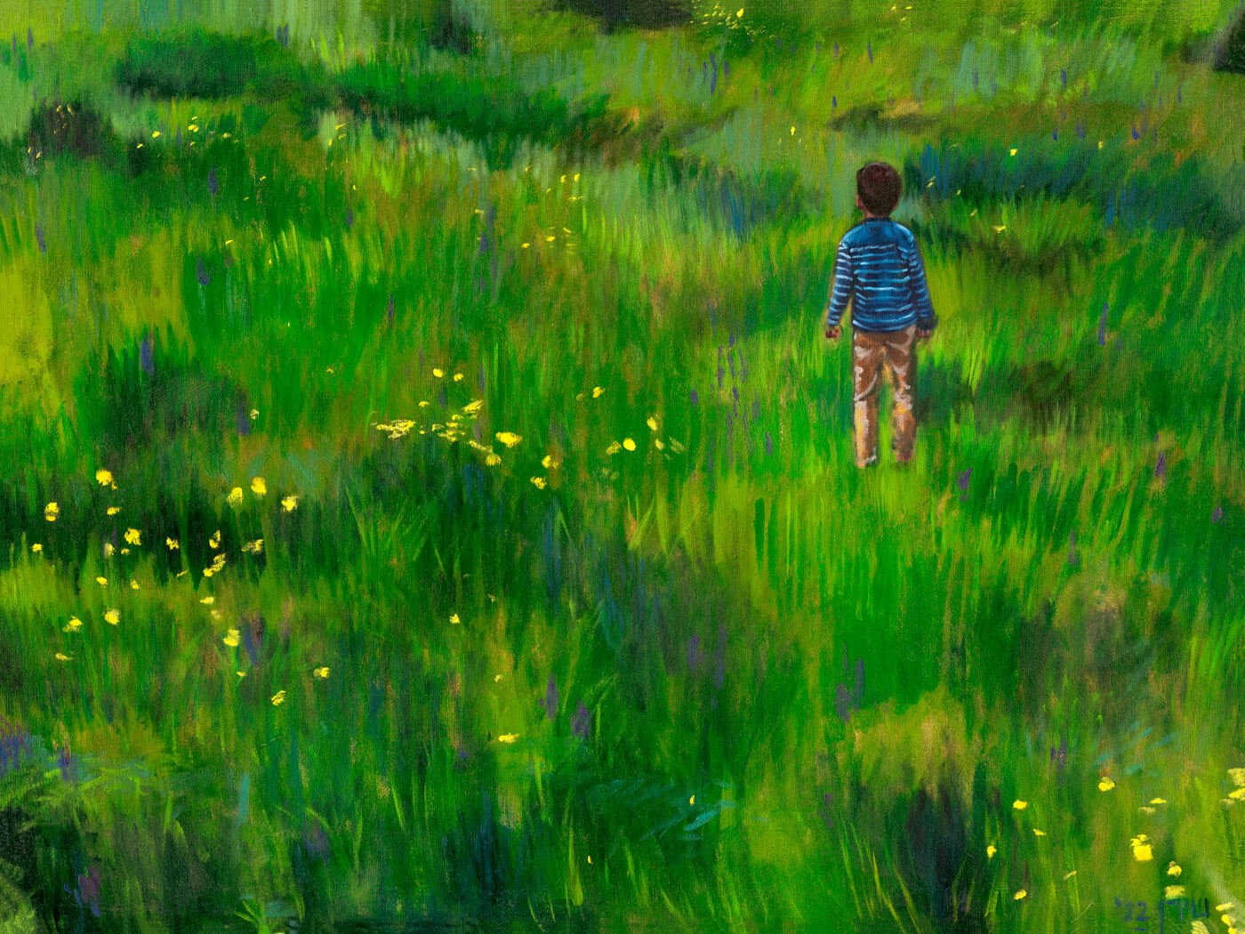 boy wandering in green field of flowers